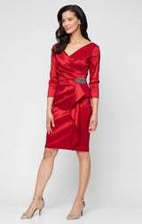 Short Stretch Taffeta Sheath Dress with Surplice Neckline, Cascade Skirt and Embellishment Detail at Hip
