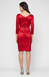 Short Stretch Taffeta Sheath Dress with Surplice Neckline, Cascade Skirt and Embellishment Detail at Hip