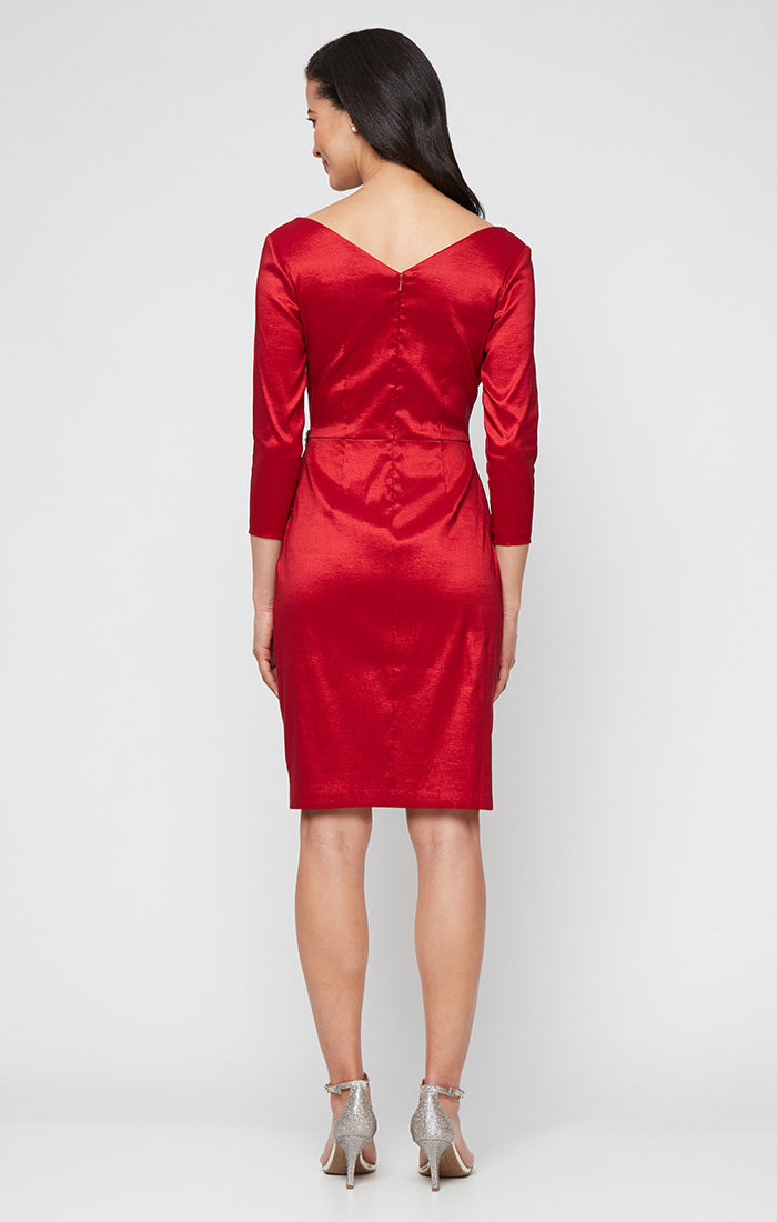 Short Stretch Taffeta Sheath Dress with Surplice Neckline, Cascade Skirt and Embellishment Detail at Hip