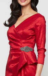Short Stretch Taffeta Sheath Dress with Surplice Neckline, Cascade Skirt and Embellishment Detail at Hip