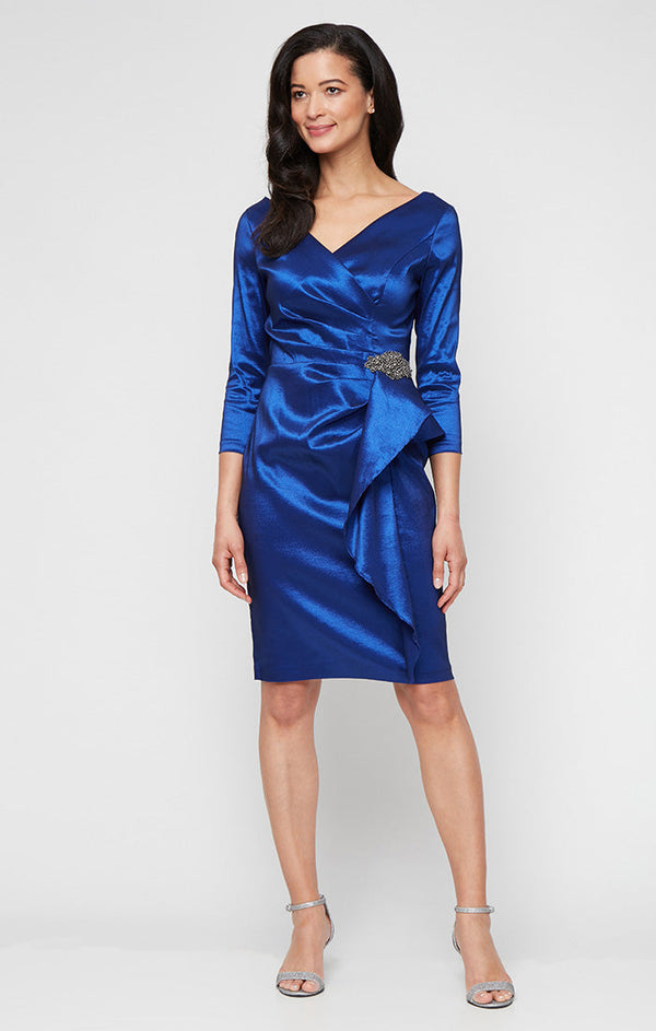 Short Stretch Taffeta Sheath Dress with Surplice Neckline, Cascade Skirt and Embellishment Detail at Hip