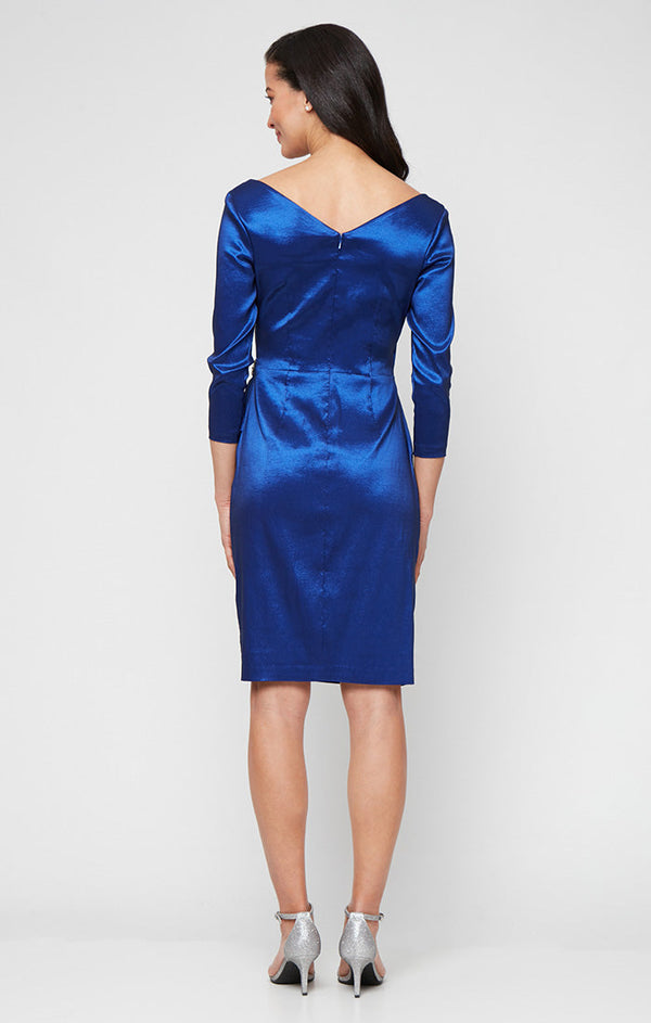 Short Stretch Taffeta Sheath Dress with Surplice Neckline, Cascade Skirt and Embellishment Detail at Hip