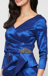 Short Stretch Taffeta Sheath Dress with Surplice Neckline, Cascade Skirt and Embellishment Detail at Hip