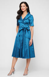 Midi Stretch Taffeta Portrait Collar Dress with Elbow Sleeves and Tie Waist Detail