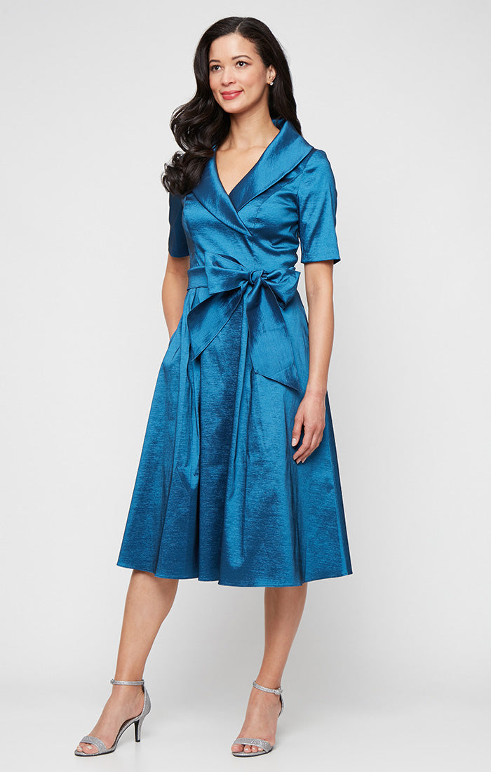 Midi Stretch Taffeta Portrait Collar Dress with Elbow Sleeves and Tie Waist Detail