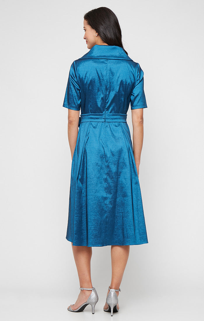 Midi Stretch Taffeta Portrait Collar Dress with Elbow Sleeves and Tie Waist Detail