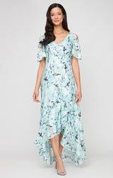 Tea-Length Chiffon Burnout V-Neck Dress with Tulip Overlay High/Low Hem and Elbow Sleeves