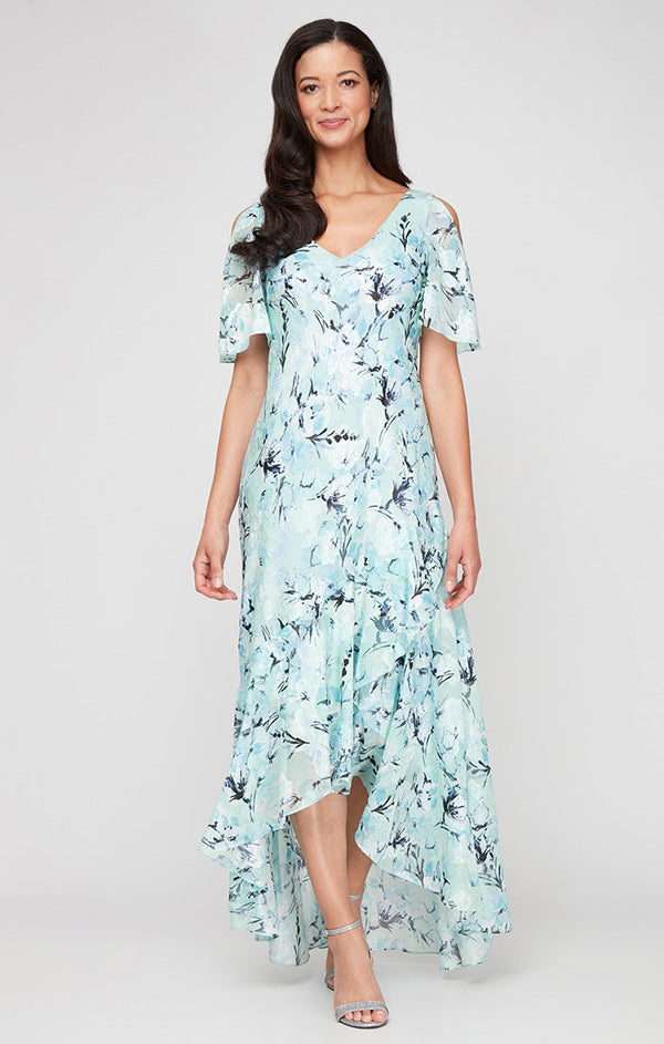 Tea-Length Chiffon Burnout V-Neck Dress with Tulip Overlay High/Low Hem and Elbow Sleeves