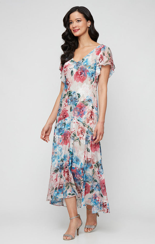 Tea Length Printed Chiffon Burnout Dress with V-Neckline and Flutter Sleeves