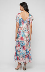 Tea Length Printed Chiffon Burnout Dress with V-Neckline and Flutter Sleeves