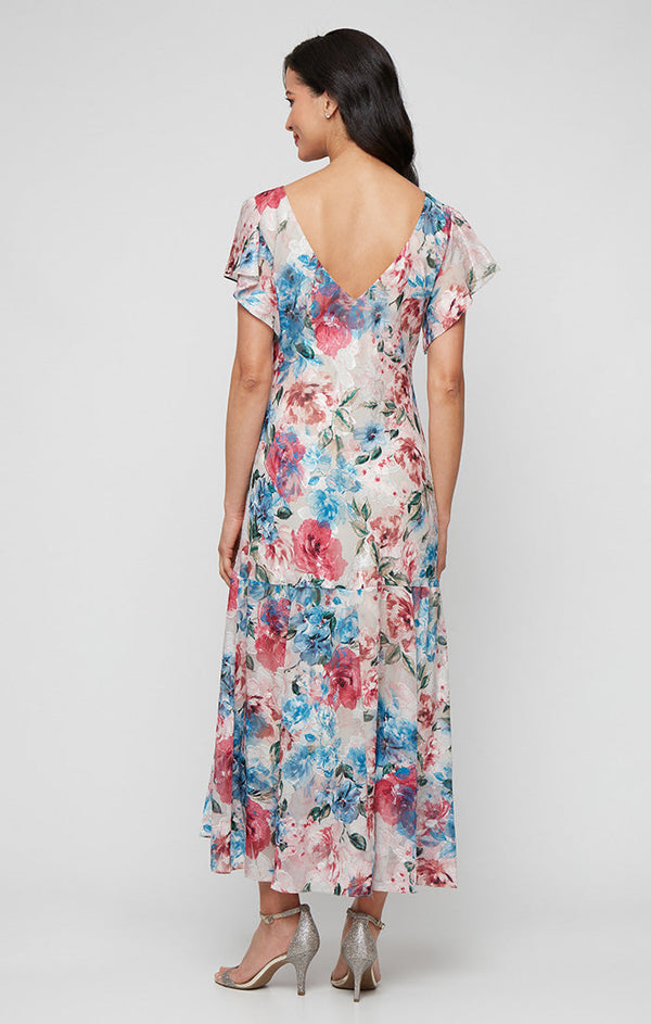 Tea Length Printed Chiffon Burnout Dress with V-Neckline and Flutter Sleeves