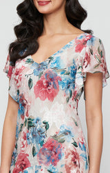 Tea Length Printed Chiffon Burnout Dress with V-Neckline and Flutter Sleeves