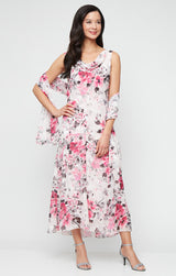 Tea-Length Floral Chiffon Cowl Neck Dress with High/Low Skirt and Shawl