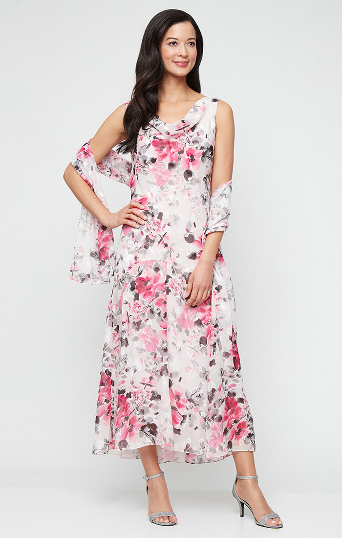 Tea-Length Floral Chiffon Cowl Neck Dress with High/Low Skirt and Shawl