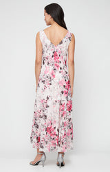 Tea-Length Floral Chiffon Cowl Neck Dress with High/Low Skirt and Shawl