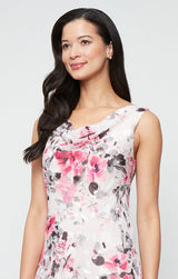 Tea-Length Floral Chiffon Cowl Neck Dress with High/Low Skirt and Shawl