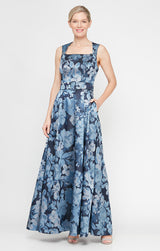 Regular - Sleeveless Printed Jacquard Dress with Square Neckline and Structured Belt