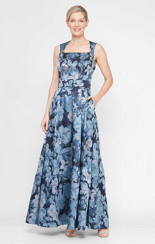 Regular - Sleeveless Printed Jacquard Dress with Square Neckline and Structured Belt