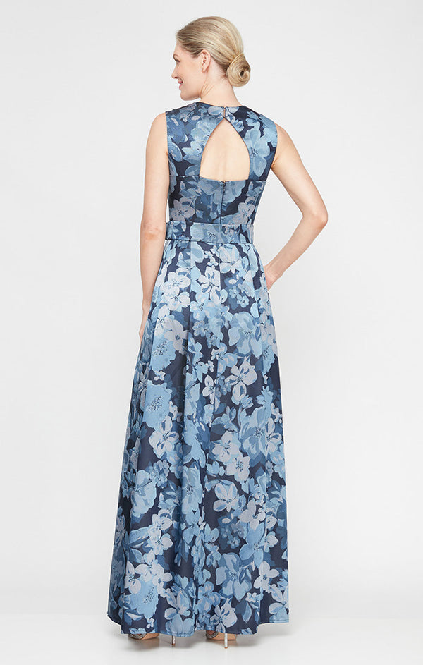 Regular - Sleeveless Printed Jacquard Dress with Square Neckline and Structured Belt
