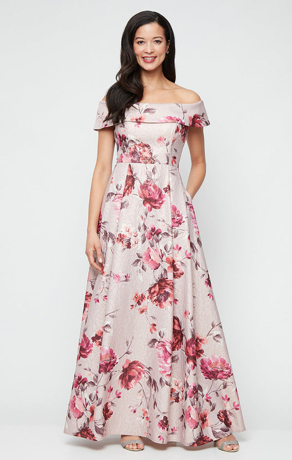 Long Printed Foil Jacquard Off-the-Shoulder Ballgown