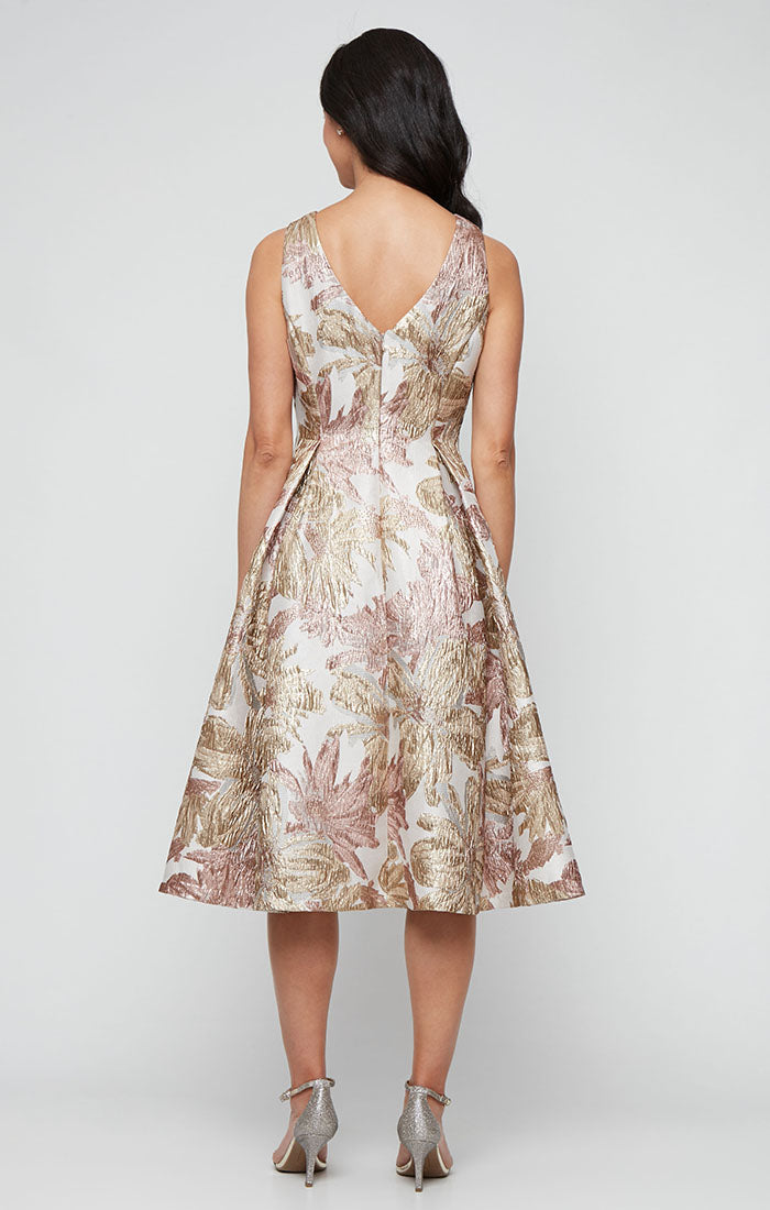 Midi Sleeveless Printed Jacquard Dress with Full Skirt
