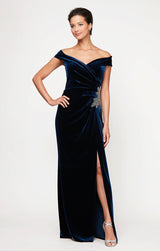 Long Off the Shoulder Fit and Flare Dress With Surplice Sweetheart Neckline, Beaded Hip Detail and Front Slit