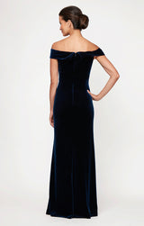 Long Off the Shoulder Fit and Flare Dress With Surplice Sweetheart Neckline, Beaded Hip Detail and Front Slit