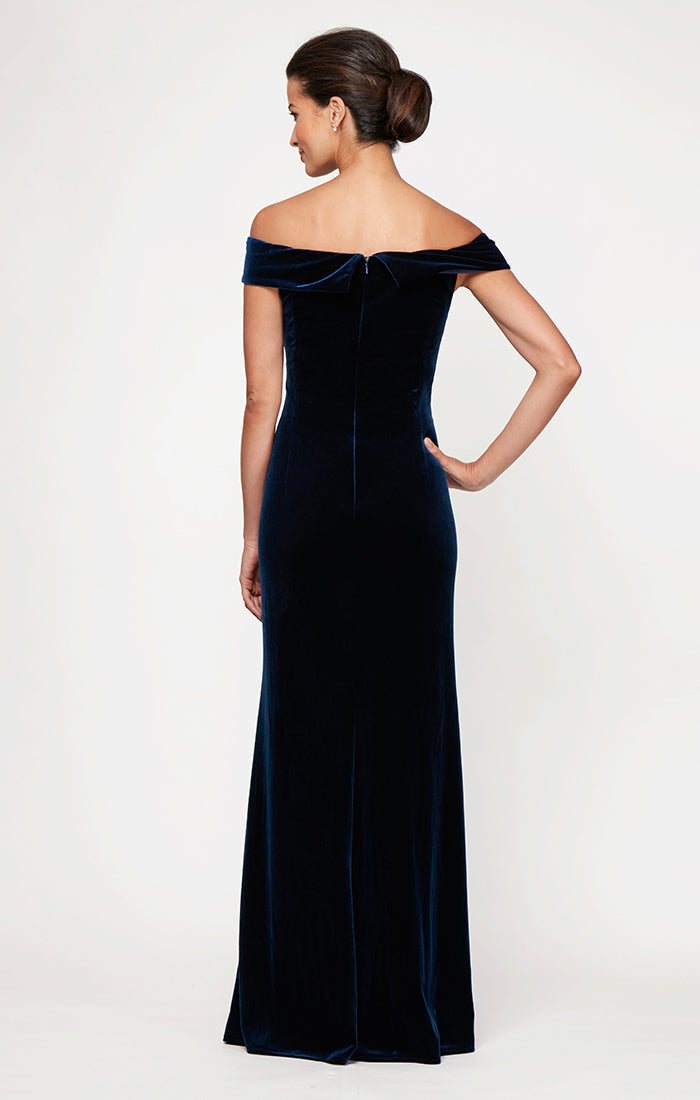 Long Off the Shoulder Fit and Flare Dress With Surplice Sweetheart Neckline, Beaded Hip Detail and Front Slit