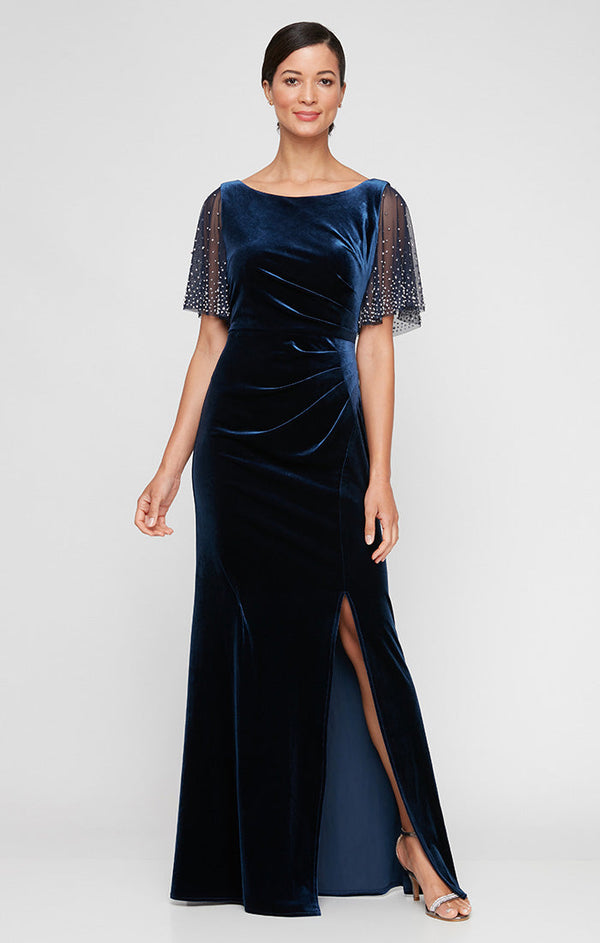 Long Fit and Flare Dress with Heat Set Illusion Flutter Sleeves and Front Slit