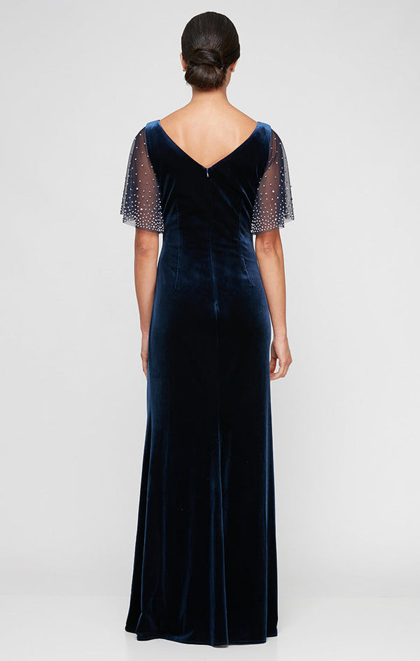 Long Fit and Flare Dress with Heat Set Illusion Flutter Sleeves and Front Slit