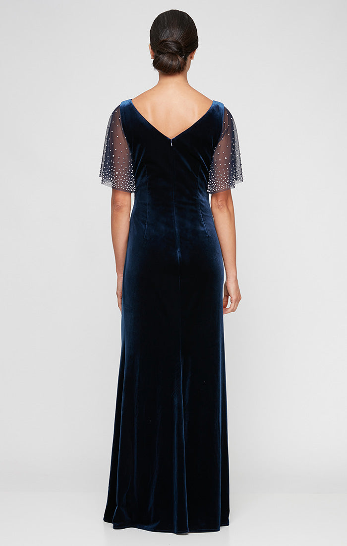 Long Fit and Flare Dress with Heat Set Illusion Flutter Sleeves and Front Slit
