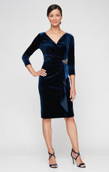 Short Velvet Sheath Dress with Surplice Neckline, Cascade Skirt and Embellishment Detail at Hip