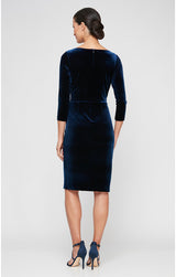 Short Velvet Sheath Dress with Surplice Neckline, Cascade Skirt and Embellishment Detail at Hip