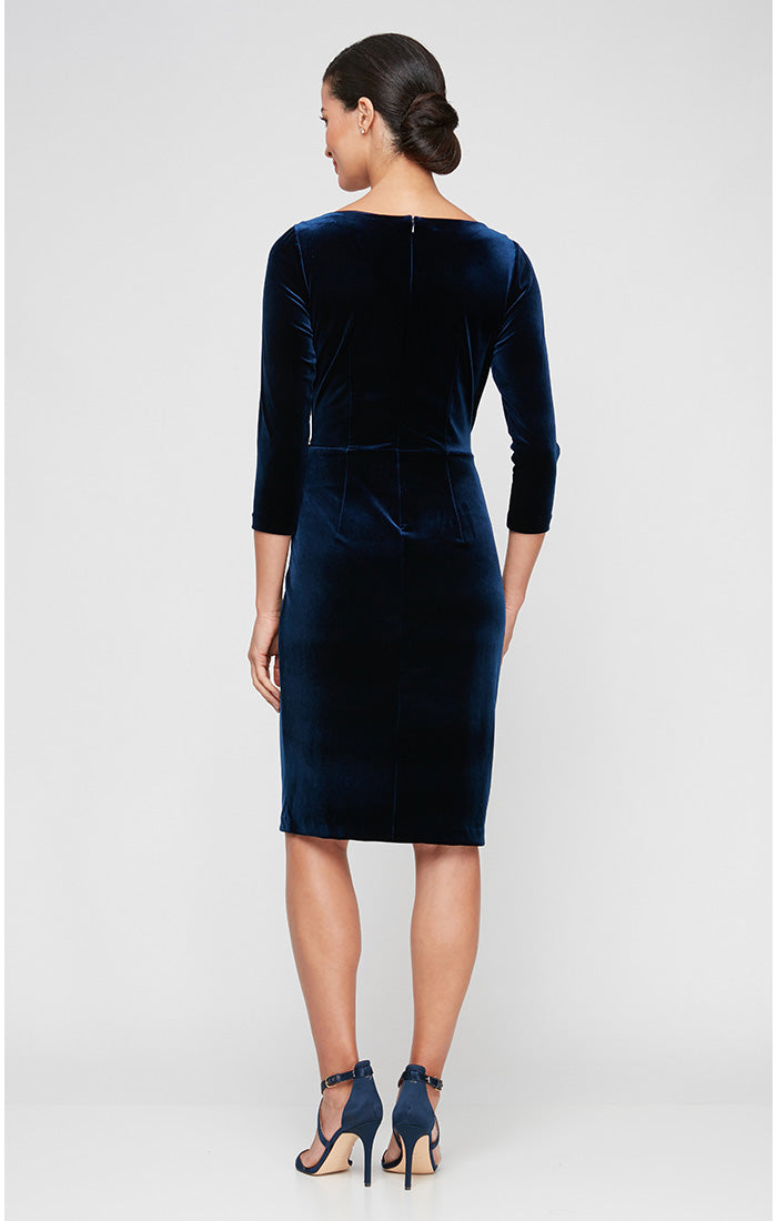 Short Velvet Sheath Dress with Surplice Neckline, Cascade Skirt and Embellishment Detail at Hip