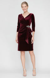 Short Velvet Sheath Dress with Surplice Neckline, Cascade Skirt and Embellishment Detail at Hip