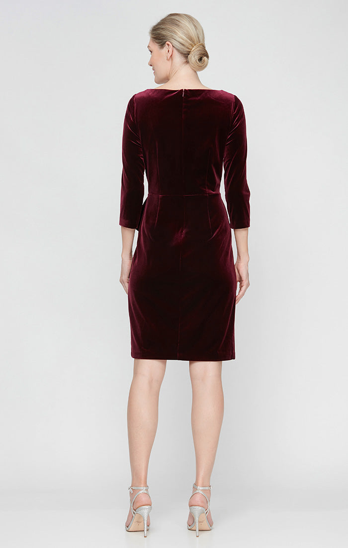 Short Velvet Sheath Dress with Surplice Neckline, Cascade Skirt and Embellishment Detail at Hip