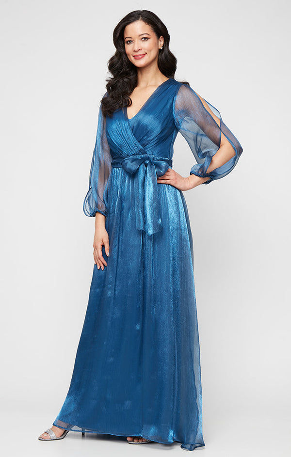 Plus Long Surplice Yoryu Dress with Illusion Bubble Hem Sleeves and Structured Belt
