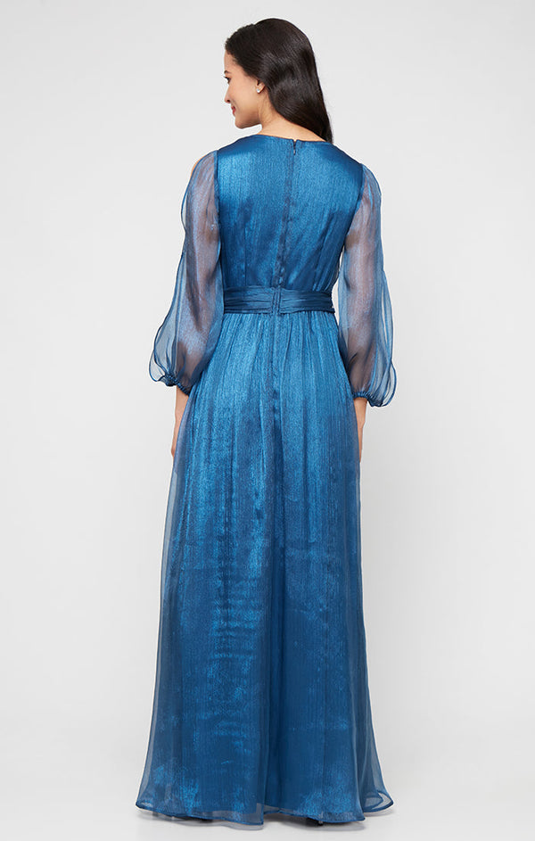Plus Long Surplice Yoryu Dress with Illusion Bubble Hem Sleeves and Structured Belt