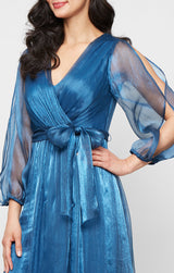 Plus Long Surplice Yoryu Dress with Illusion Bubble Hem Sleeves and Structured Belt