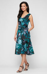 Midi Printed Yoryu Sleeveless A-Line Dress with Surplice Neckline and Tie Waist Detail
