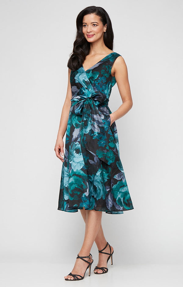 Midi Printed Yoryu Sleeveless A-Line Dress with Surplice Neckline and Tie Waist Detail