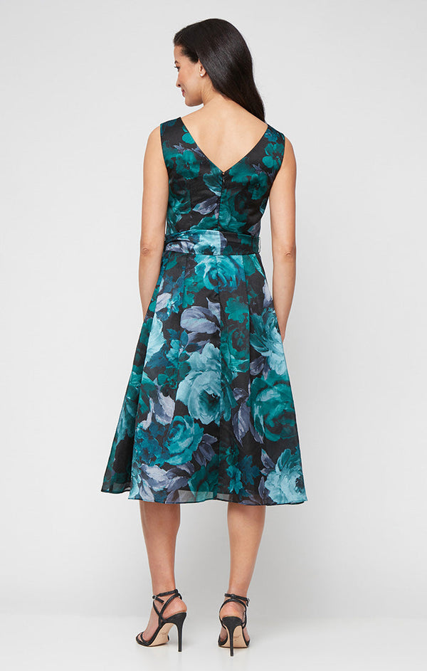 Midi Printed Yoryu Sleeveless A-Line Dress with Surplice Neckline and Tie Waist Detail
