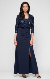 Long Scuba Crepe Jacket Dress with Sequin Bodice & Collared Jacket, Square Neckline and Front Slit