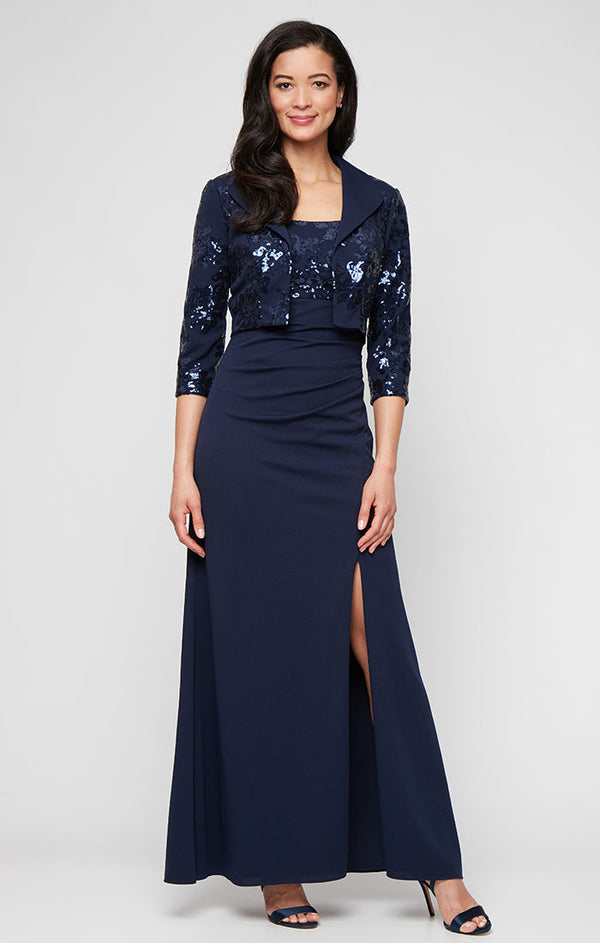 Long Scuba Crepe Jacket Dress with Sequin Bodice & Collared Jacket, Square Neckline and Front Slit
