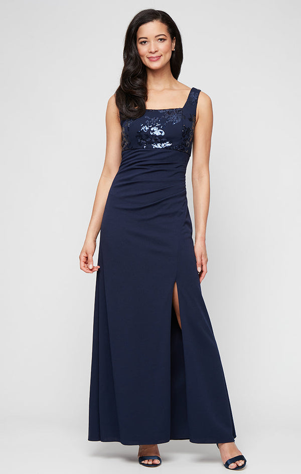 Long Scuba Crepe Jacket Dress with Sequin Bodice & Collared Jacket, Square Neckline and Front Slit