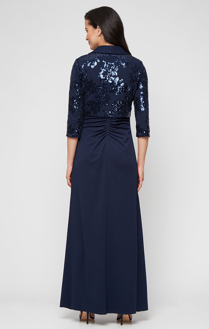 Long Scuba Crepe Jacket Dress with Sequin Bodice & Collared Jacket, Square Neckline and Front Slit