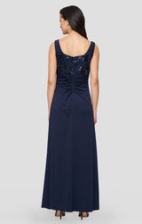 Long Scuba Crepe Jacket Dress with Sequin Bodice & Collared Jacket, Square Neckline and Front Slit