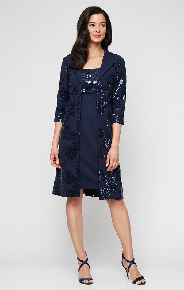 Plus Short Stretch Scuba Crepe Jacket Dress with Sequined Bodice and Elongated Collared Jacket
