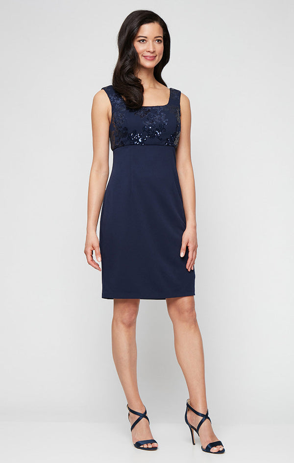 Plus Short Stretch Scuba Crepe Jacket Dress with Sequined Bodice and Elongated Collared Jacket