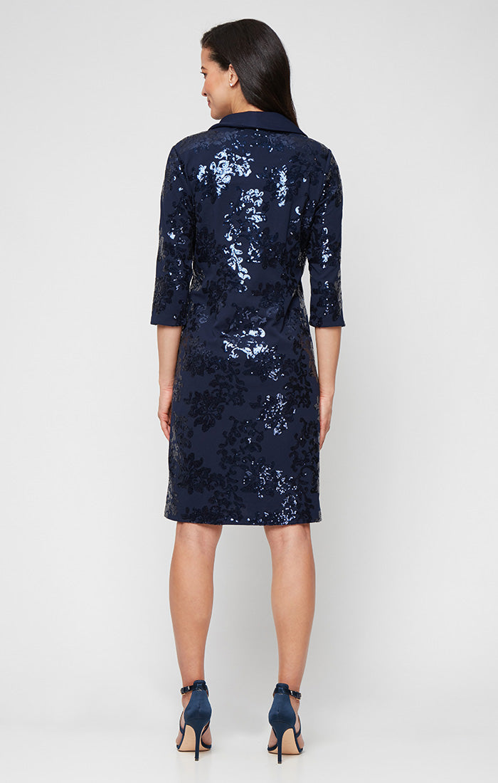 Plus Short Stretch Scuba Crepe Jacket Dress with Sequined Bodice and Elongated Collared Jacket
